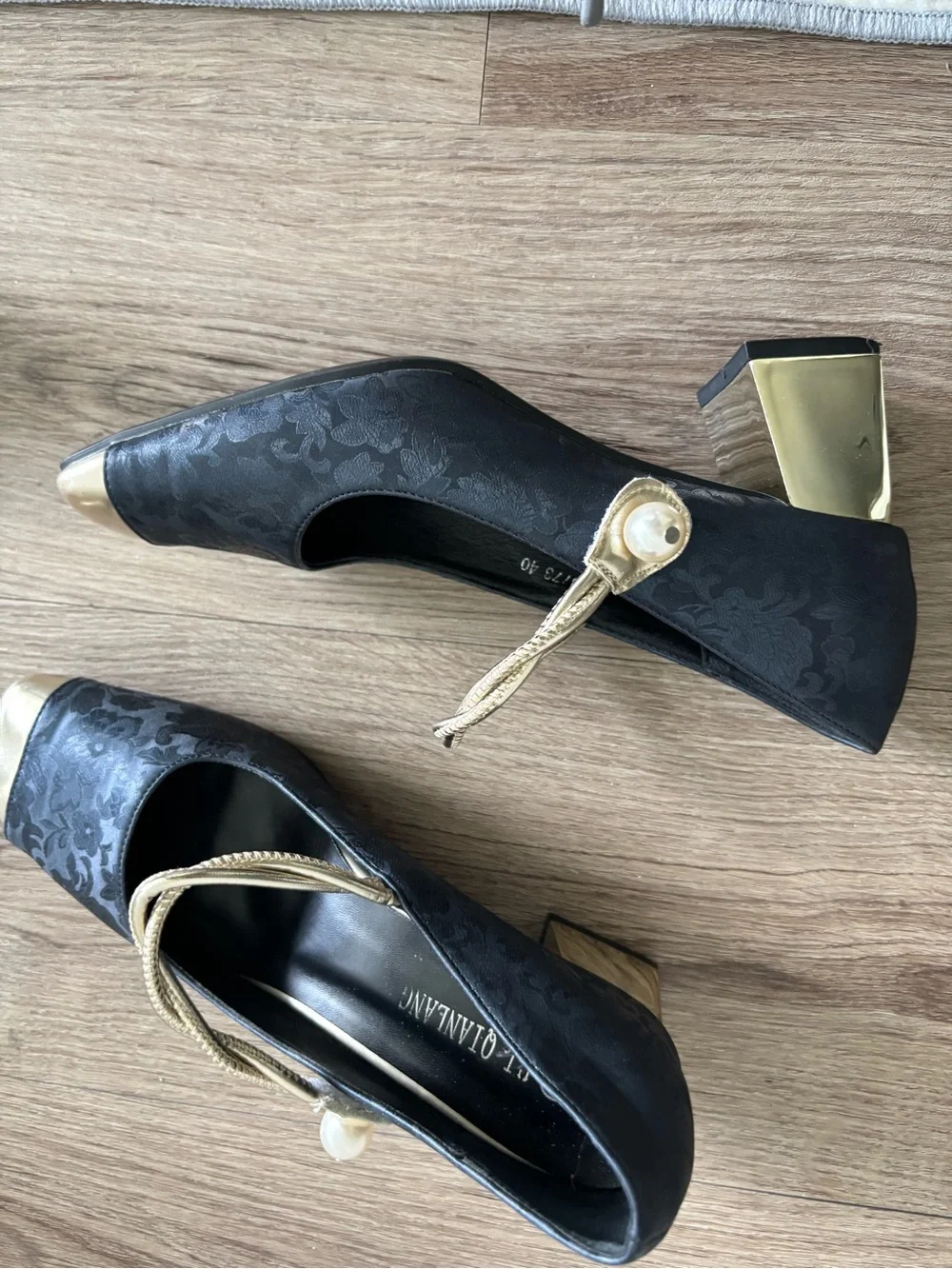 Glaze Black and Gold Square-Toe Low Block Heel Pumps